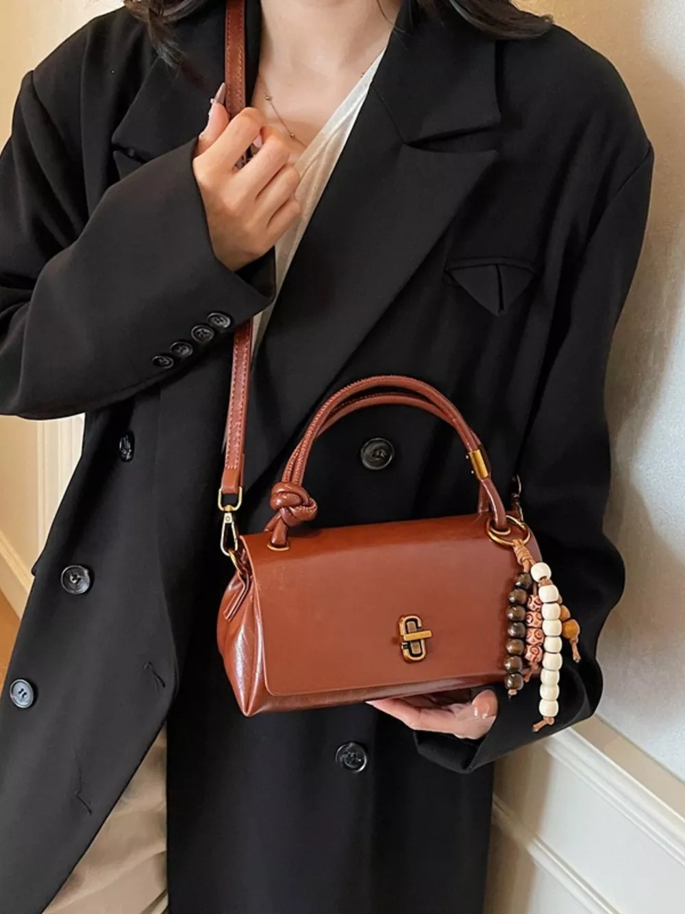 Leather Crossbody Bag with Bead Charm, image 6