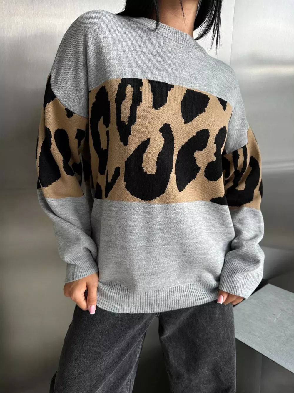 Leopard Color Block Round Neck Sweater, image 12