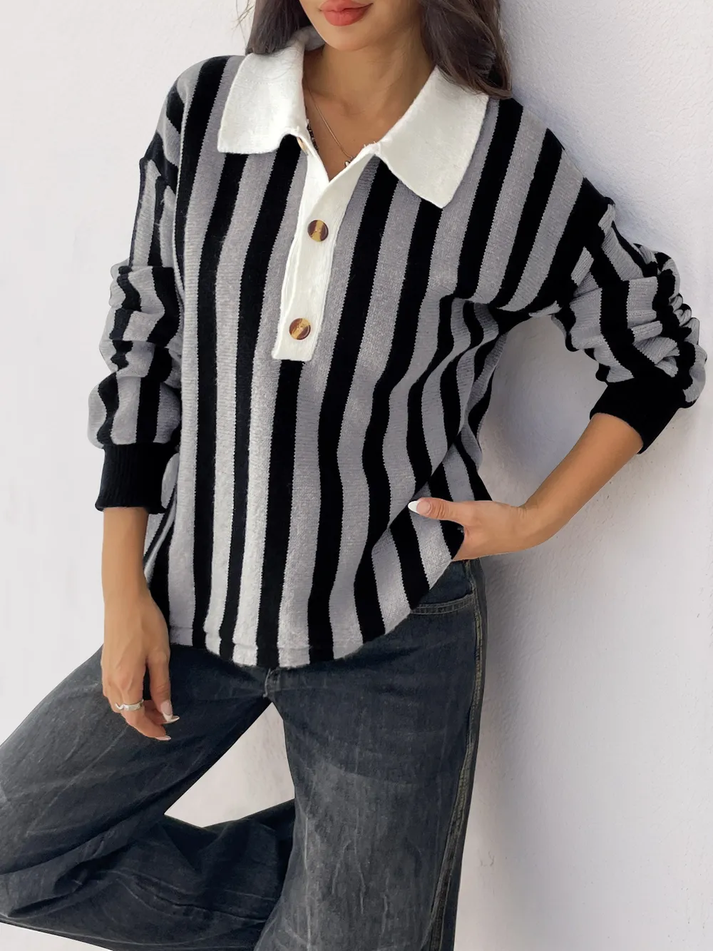 Striped Button Front Long Sleeve Sweater, image 2