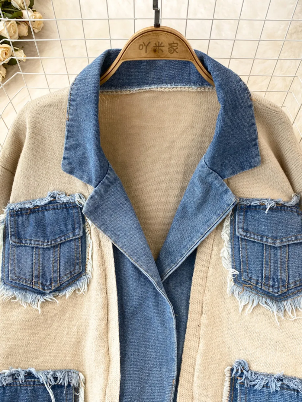 Raw Hem Denim Pocket Patchwork Cardigan, image 13