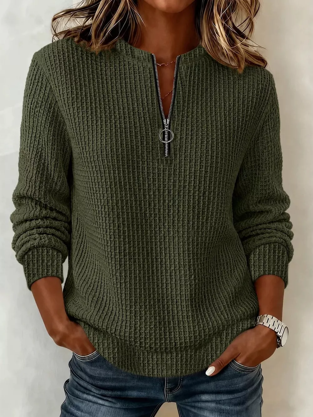 Full Size  Quarter-Zip Waffle Knit Sweatshirt Plus Size, image 6