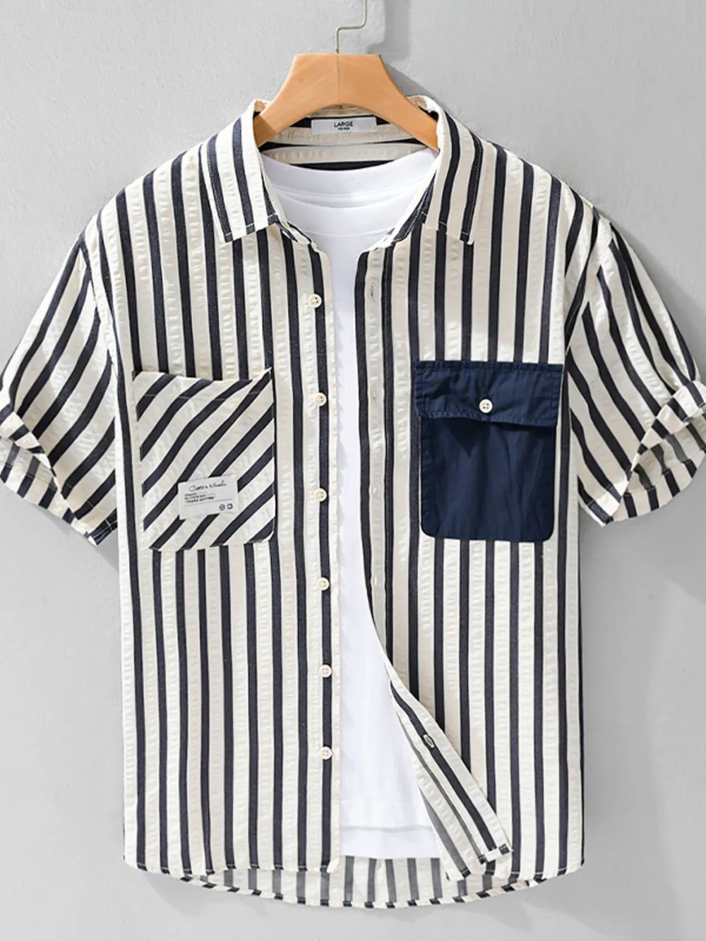 Men's Plus Size Striped Button Up Short Sleeve Shirt