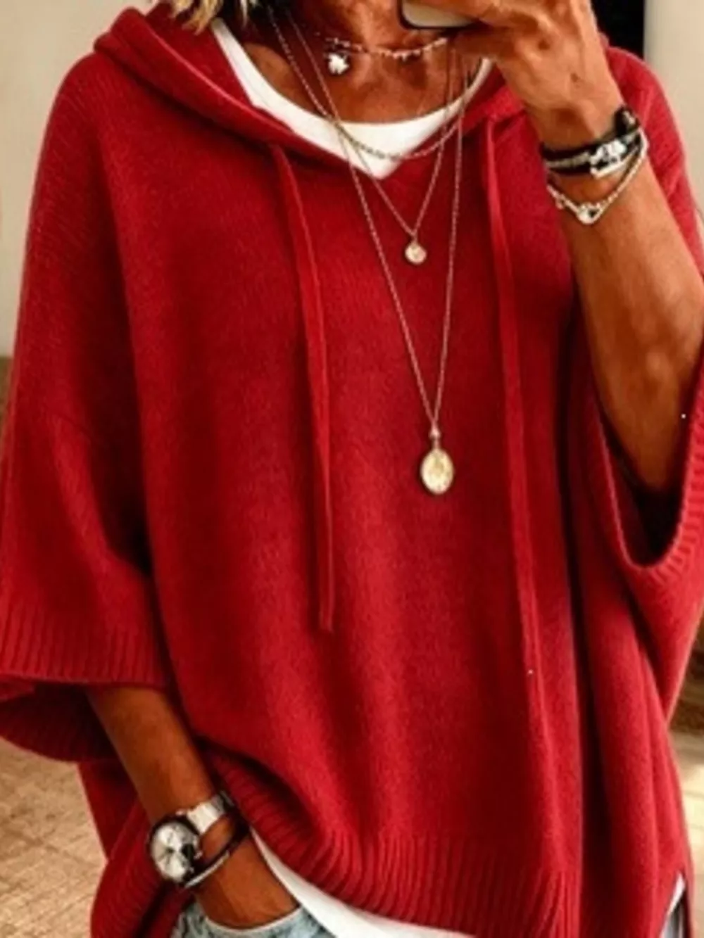 Casual Loose Fit Hooded Knit Sweater with Ribbed Hem, image 18
