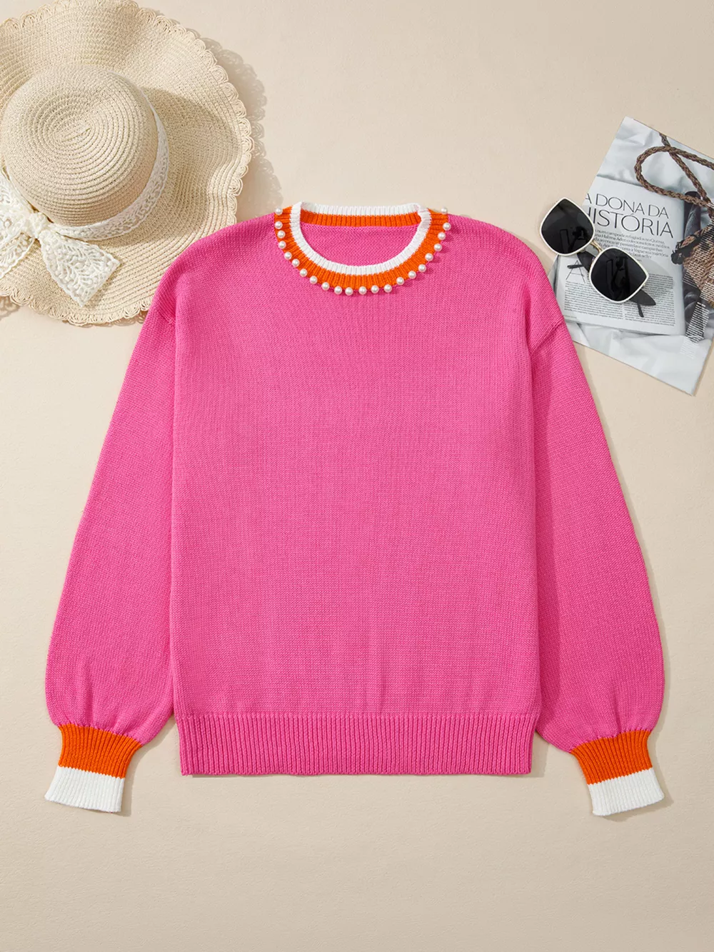 Contrast Crew Neck Pearled Decor Drop Shoulder Knit Sweater, image 6