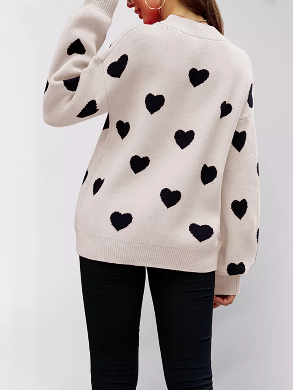 Heart-Patterned Dropped Shoulder Sweater, image 7