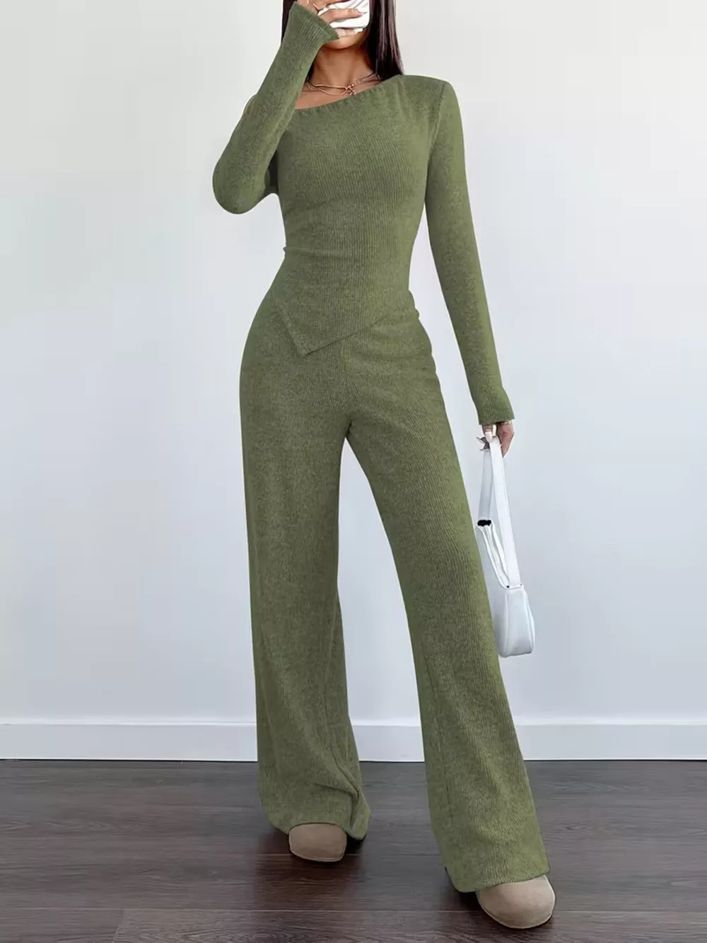 Chic One-Shoulder Asymmetrical Top and Wide-Leg Pants Set, image 5