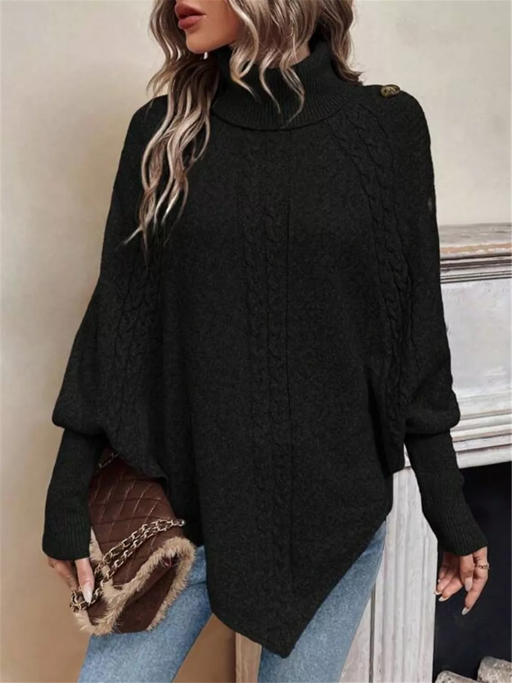 Cable Knit Turtleneck Cape Sweater, image 13