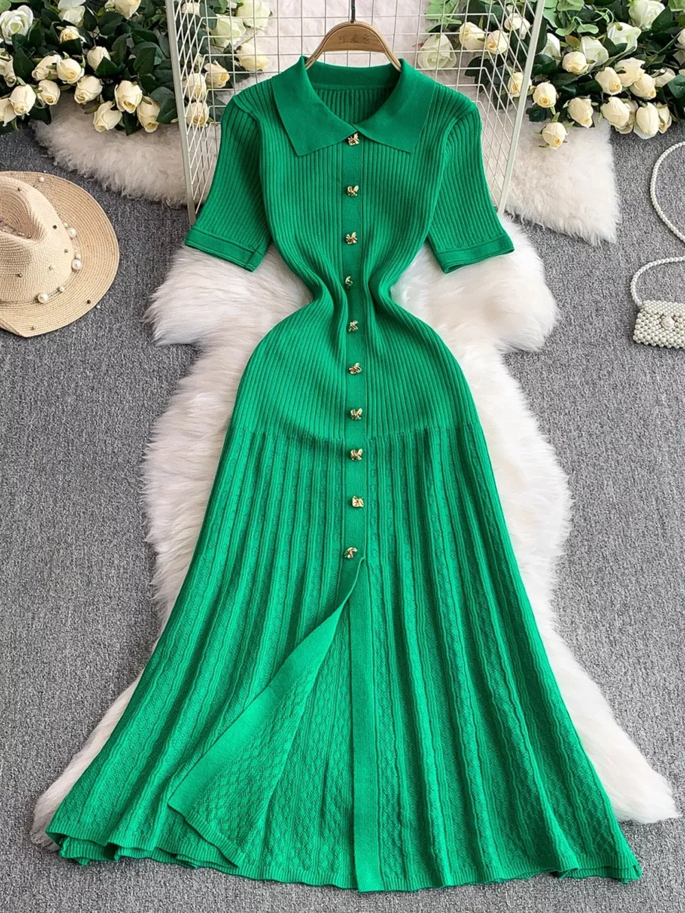 Button Front Ribbed Knit Midi Dress, image 6