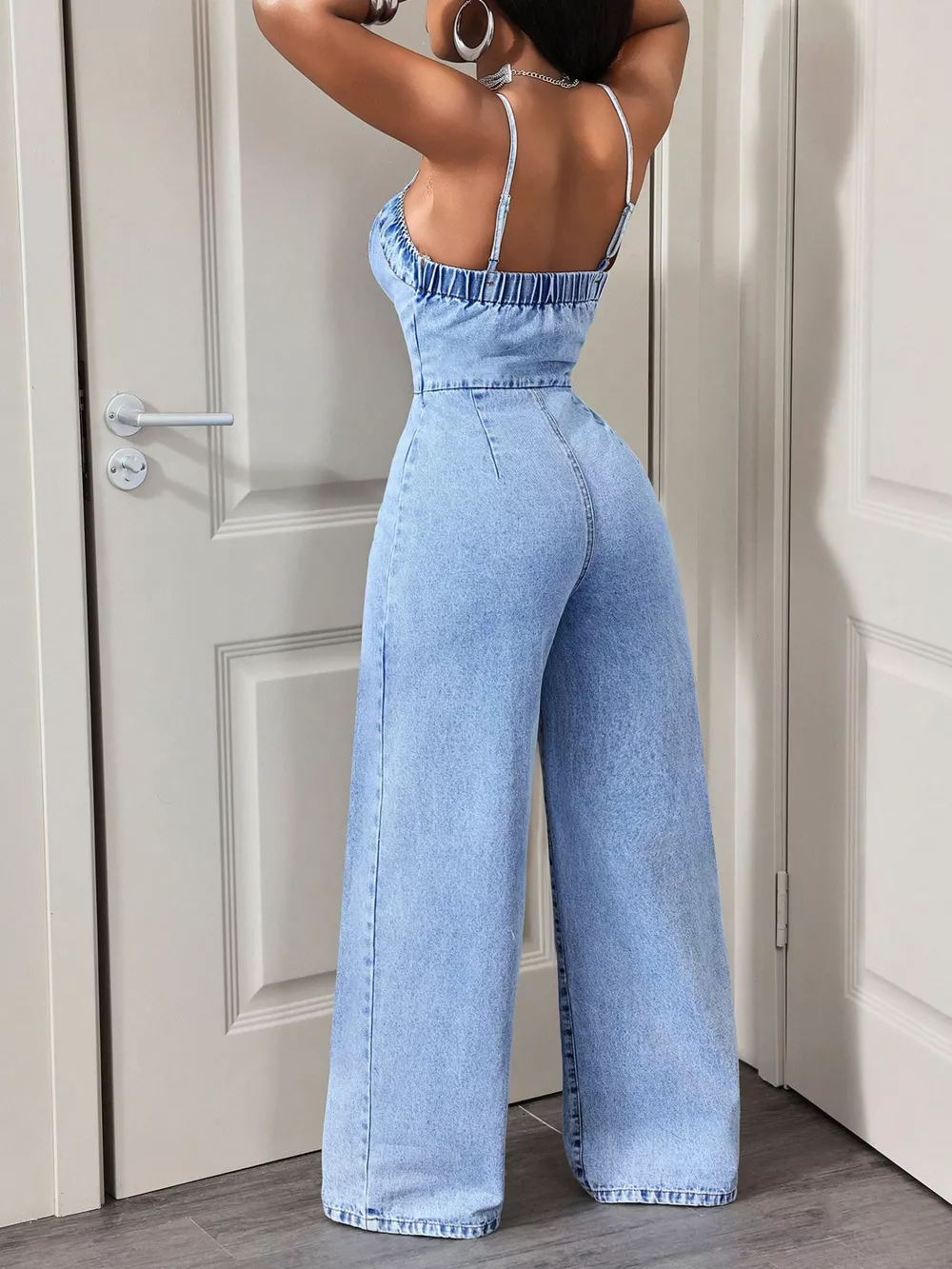 Button-Down Wide Leg Denim Jumpsuit, image 4