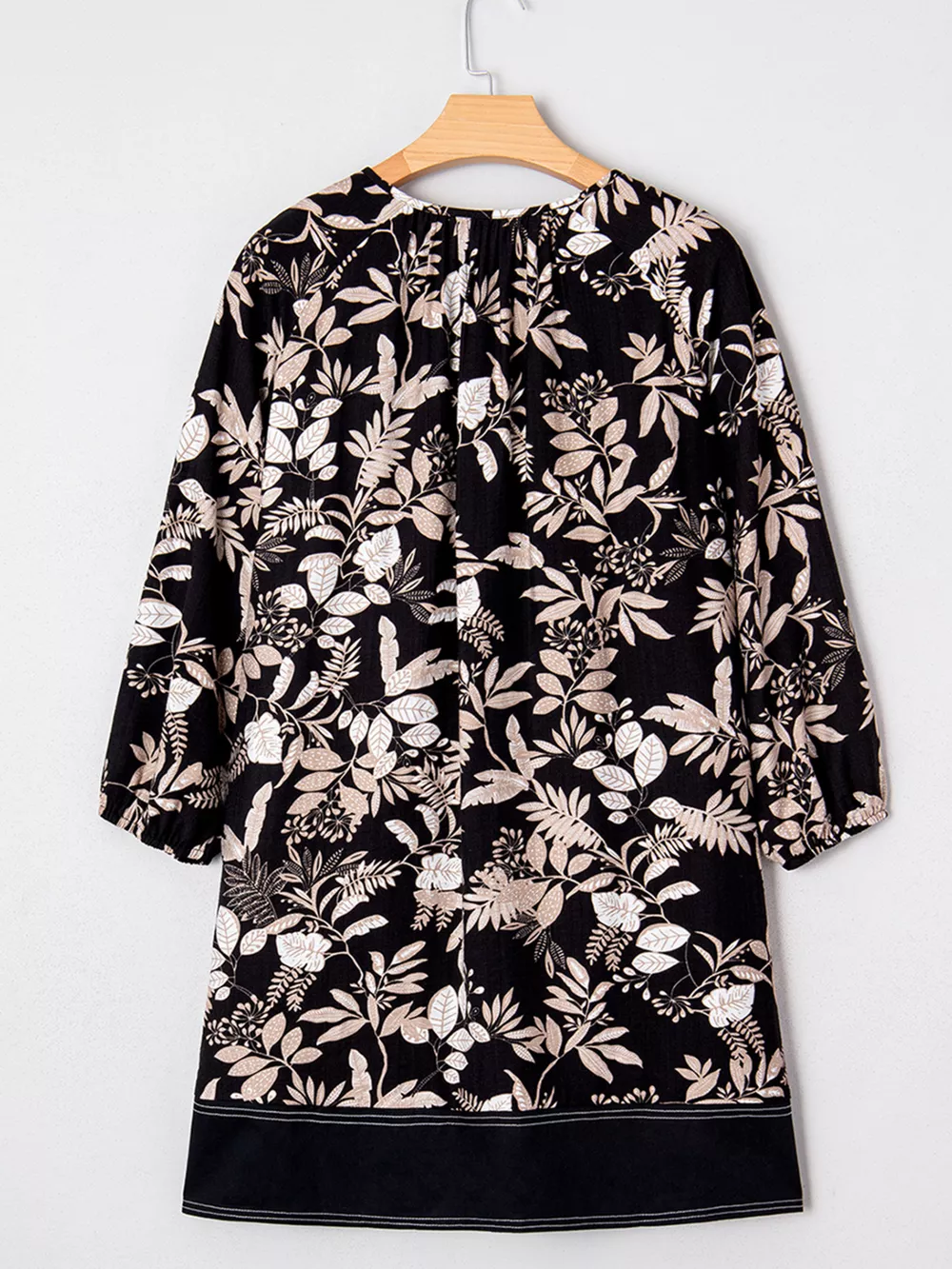 3/4 Sleeve Botanical Print Split Neck Loose Mini Dress, image 9