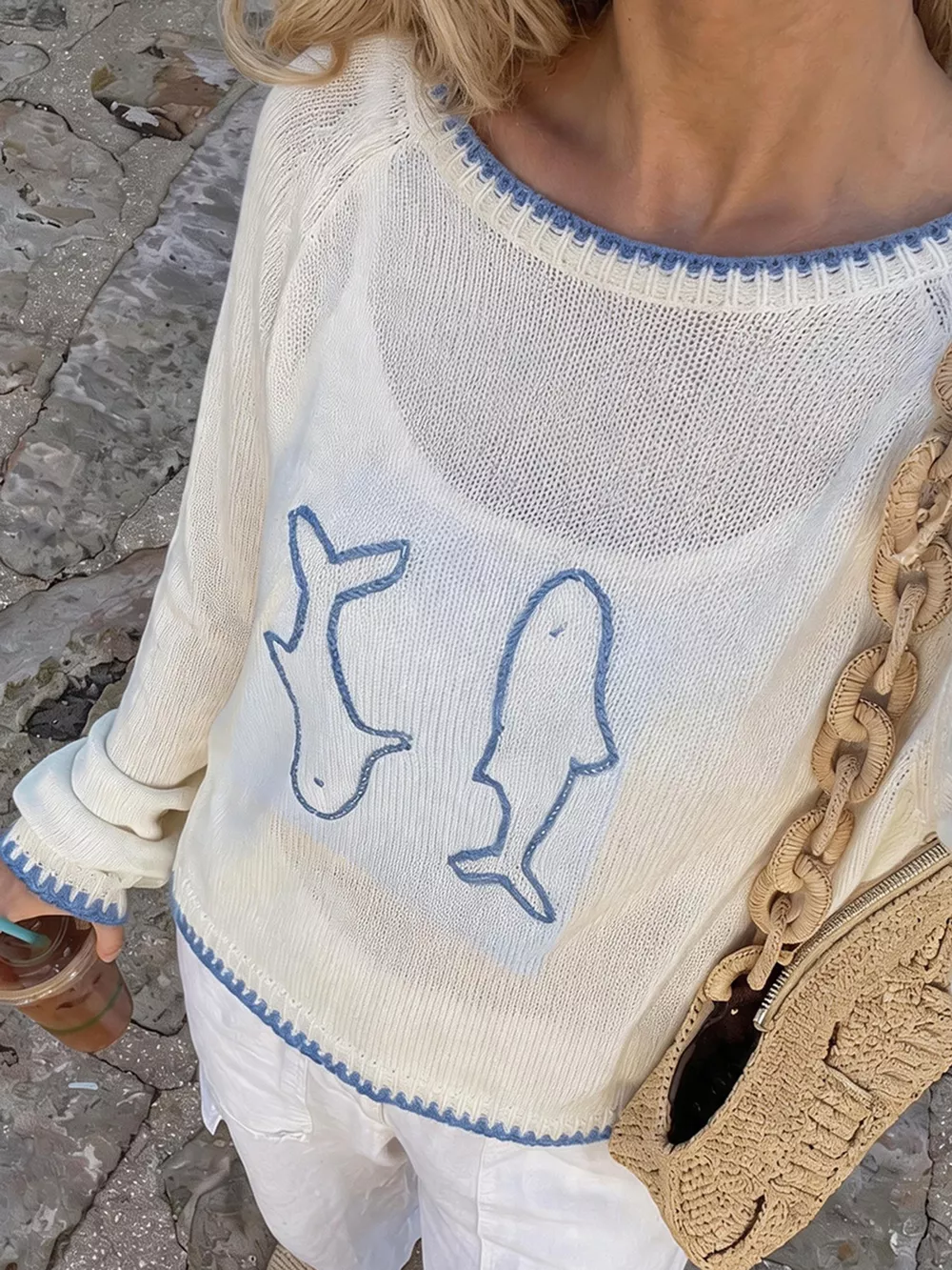 Fish Contrast Trim Knit Top, image 2
