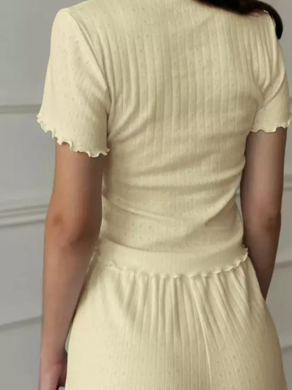 Ribbed Texture Top and Shorts Lounge Set with Lettuce Edge Trim, image 3