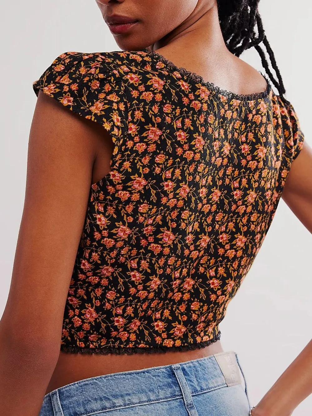 Floral Print Cap Sleeve Cropped Top, image 9