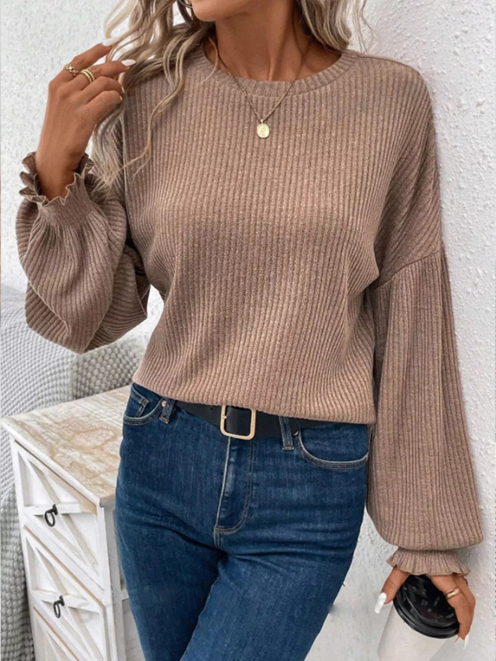 Ribbed Knit Long Sleeve T-Shirt, image 17