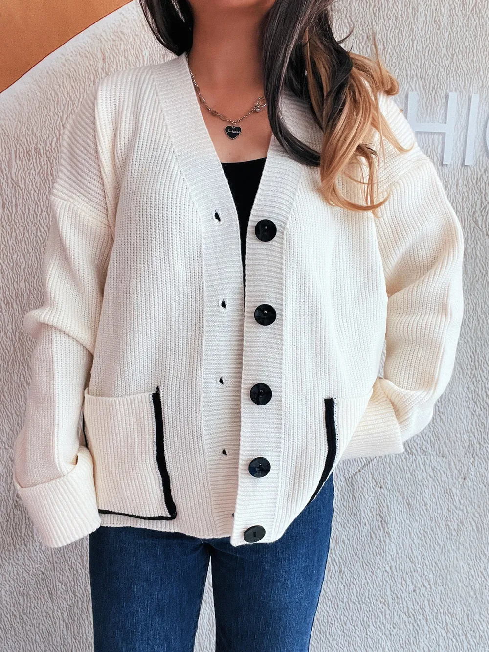 Button-Front Ribbed Cardigan with V-Neck, image 6