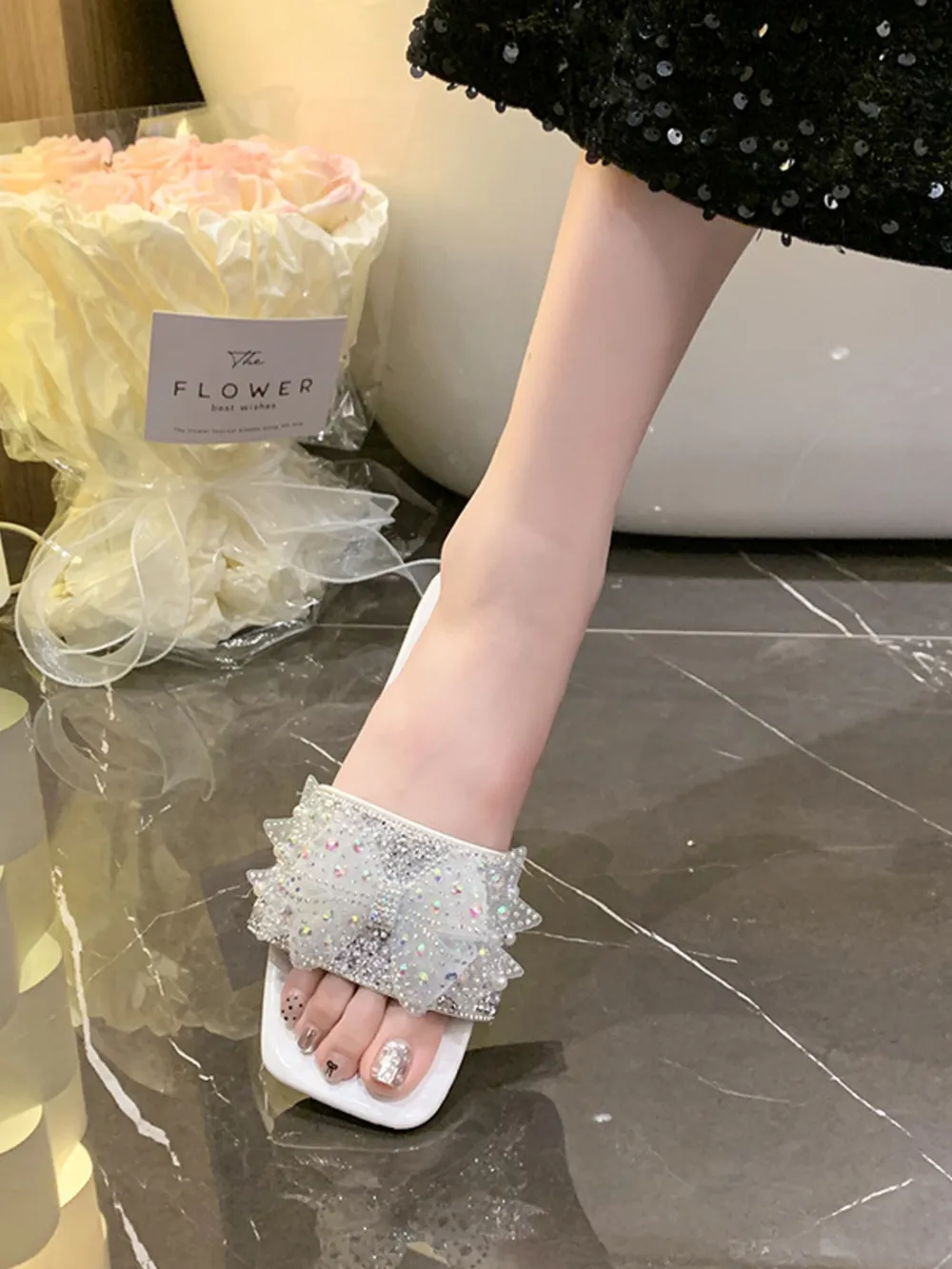Rhinestone Embellished Flats Slip-On Sandals, image 6