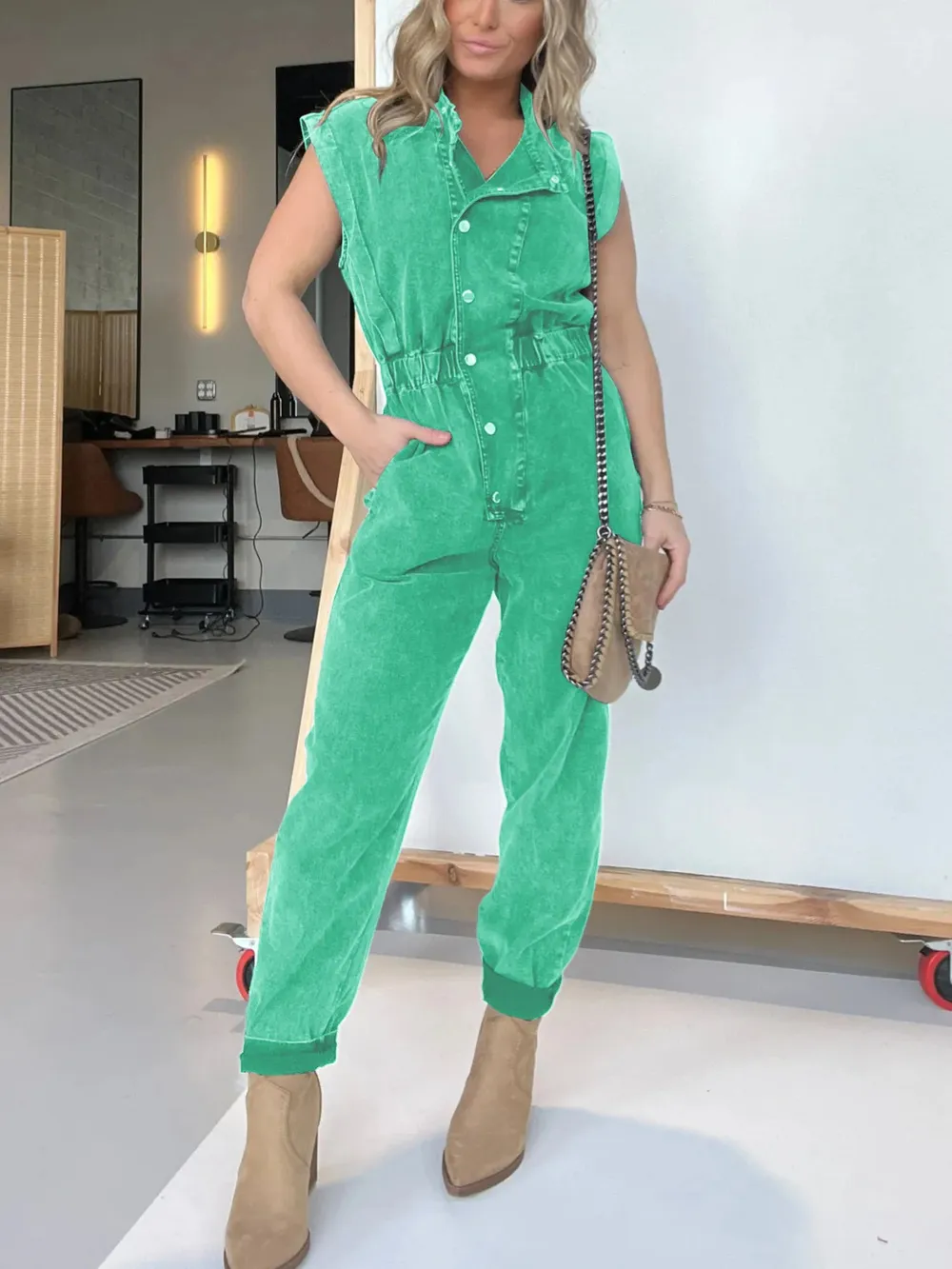 Full Size Button Front Cap Sleeve Denim Jumpsuit Plus Size, image 15