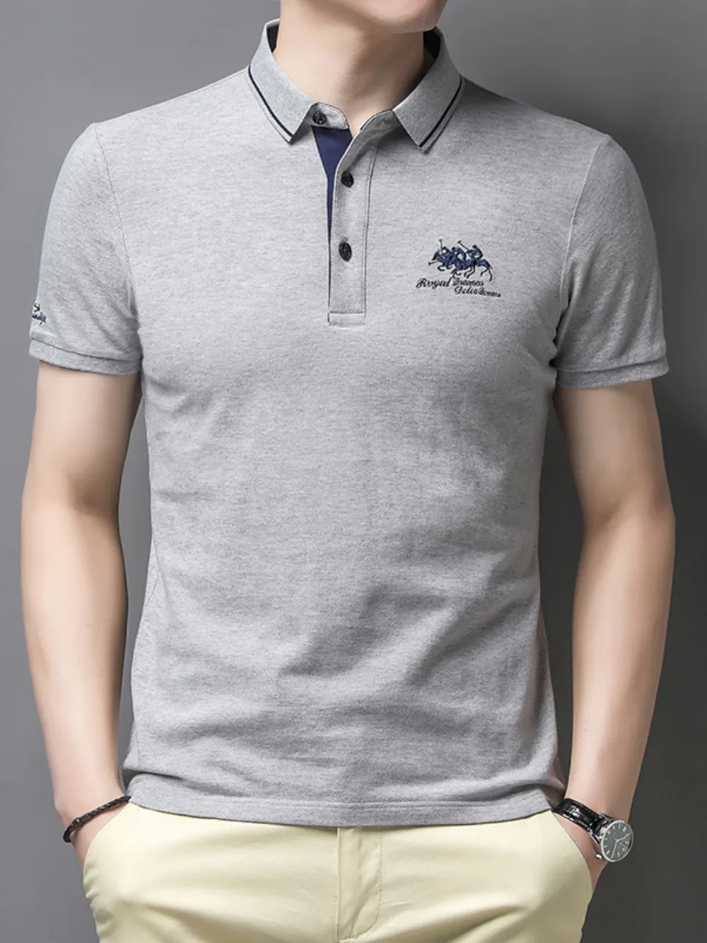 Men's Plus Size Embroidered Short Sleeve Contrast Polo, image 2