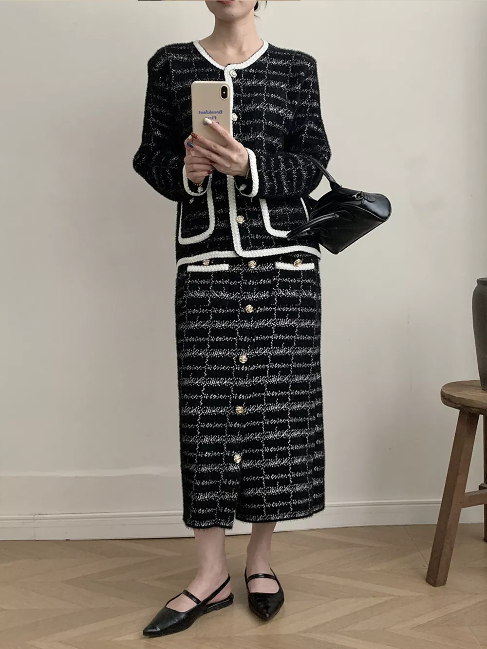 Tweed Contrast Trim Jacket and Skirt Set, image 6