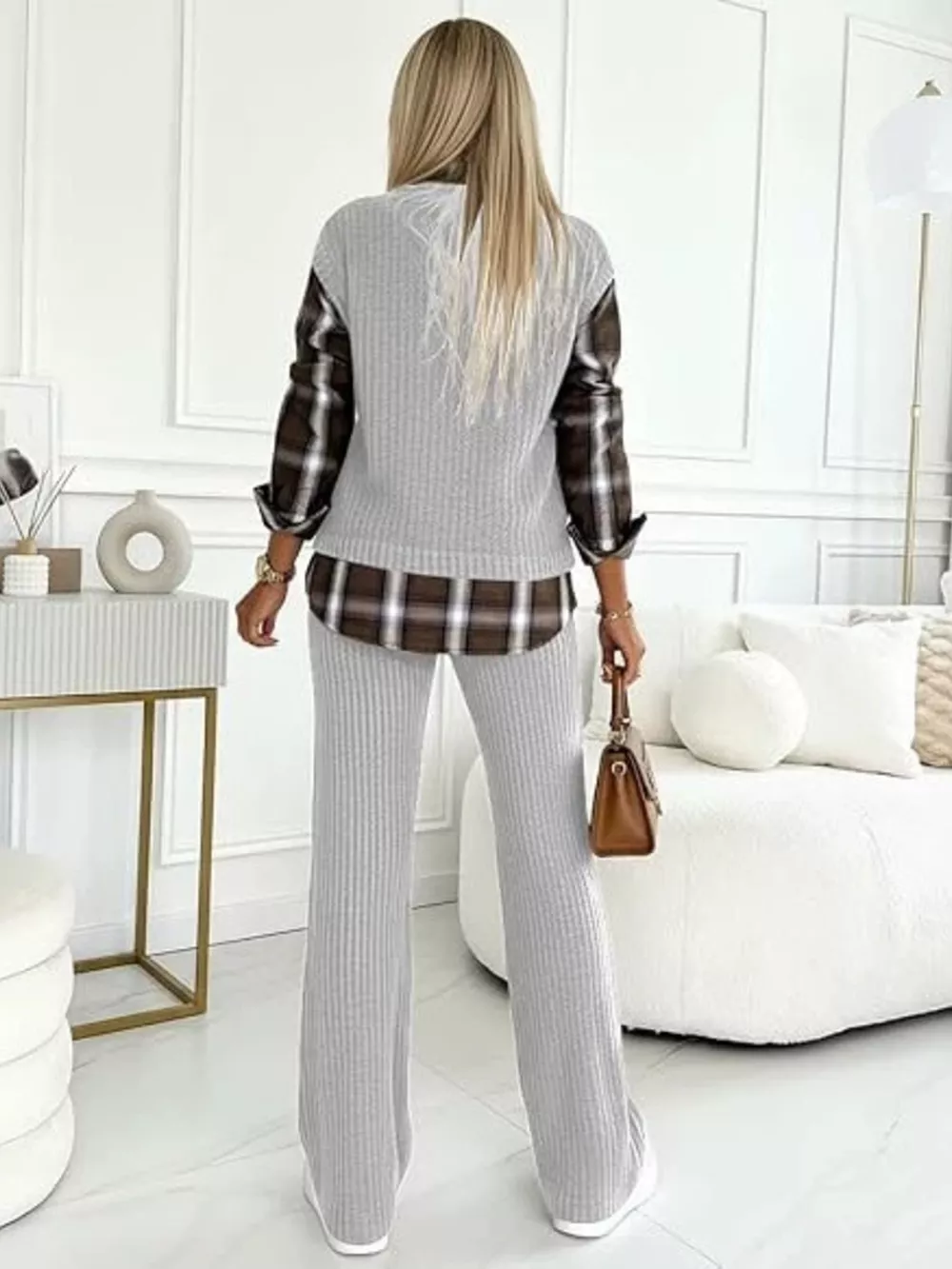Ribbed Knit Plaid Sleeve Top & Pants Set, image 5
