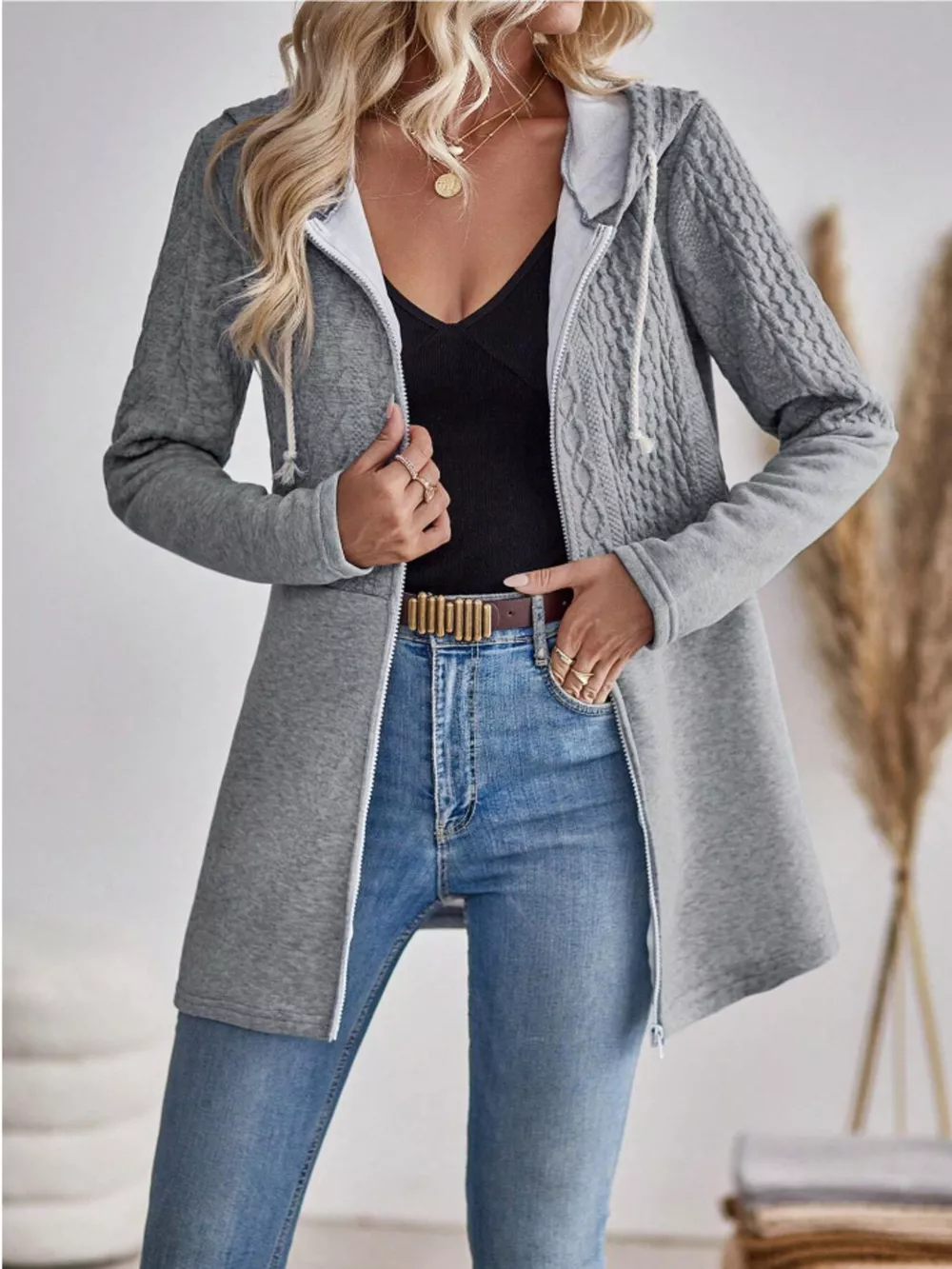 Drawstring Textured Zip Up Drawstring Hooded Jacket, image 10
