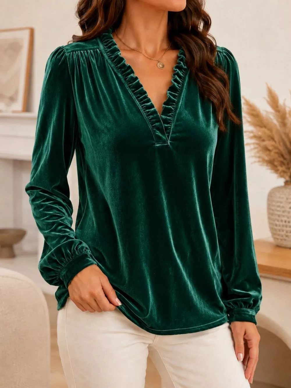 V-Neck Ruffle Trim Velvet Blouse, image 13