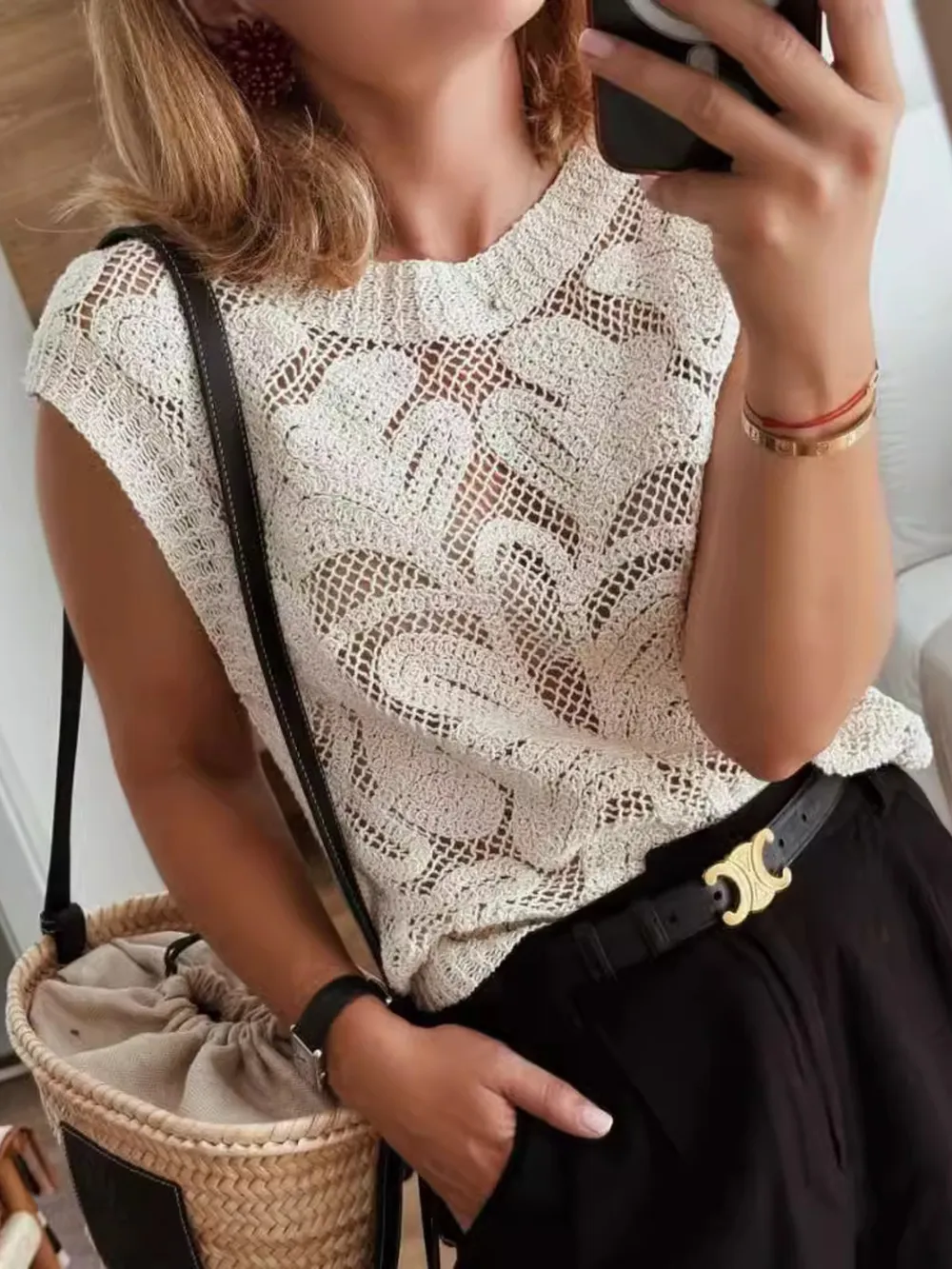 Lace Knit Sleeveless Sweater Vest, image 2