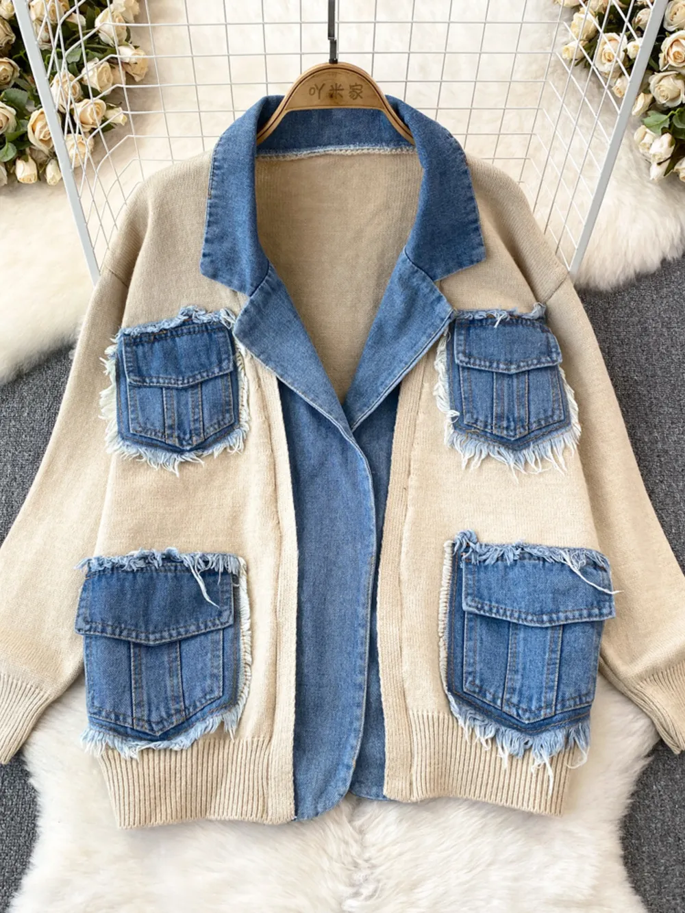Raw Hem Denim Pocket Patchwork Cardigan, image 11