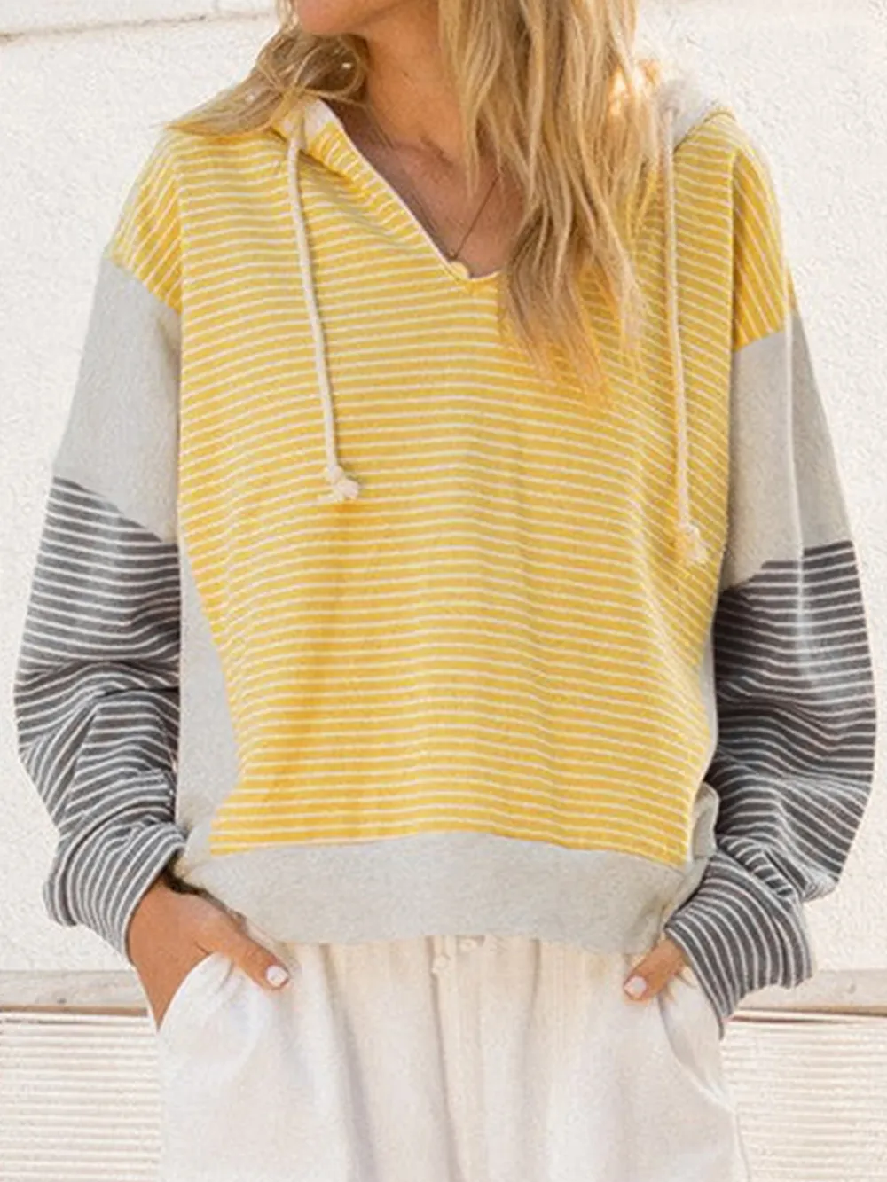 Striped Color Block Hoodie with Drawstring