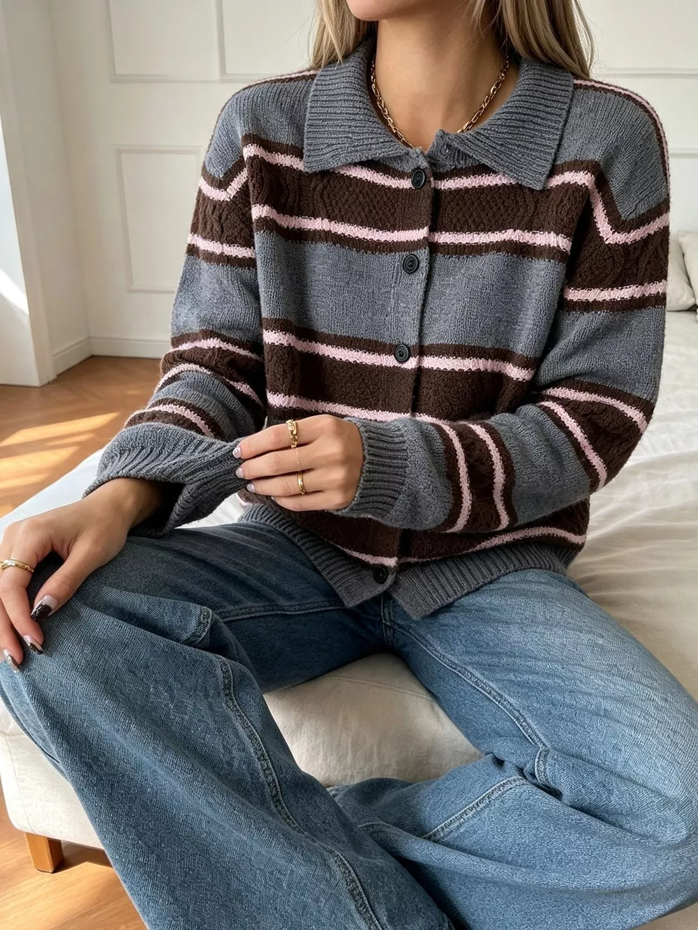 Vintage-Inspired Striped Knit Cardigan with Polo Collar, image 17