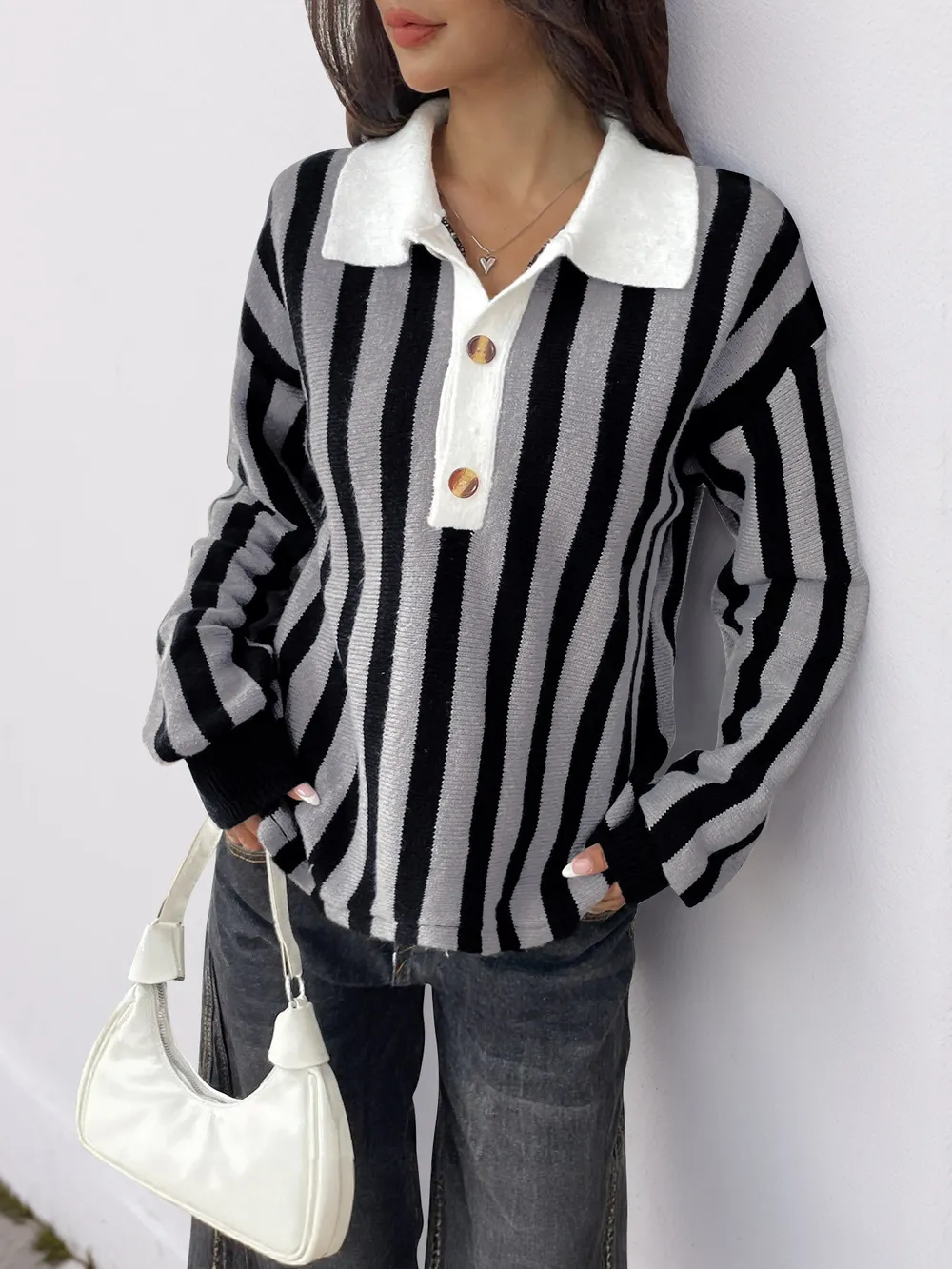 Striped Button Front Long Sleeve Sweater, image 4