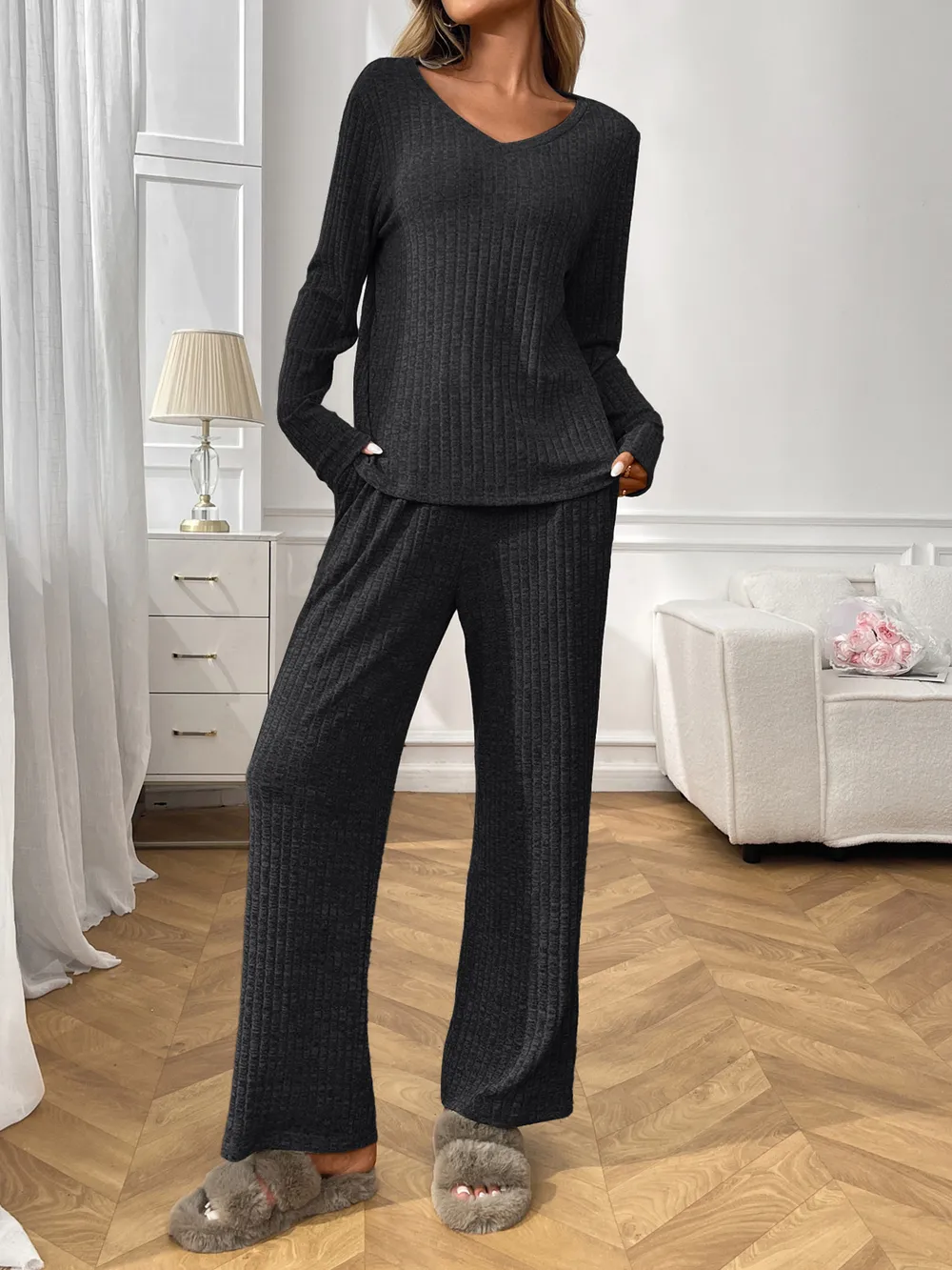 Ribbed Long Sleeve Top and Pants Lounge Set, image 14