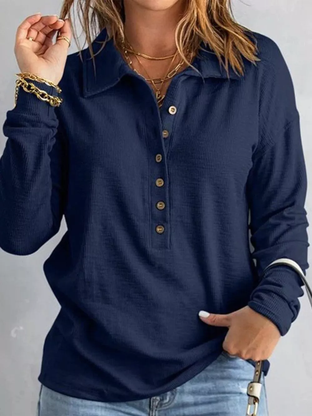 Full Size Button Detail Long Sleeve Top Plus Size, image 14