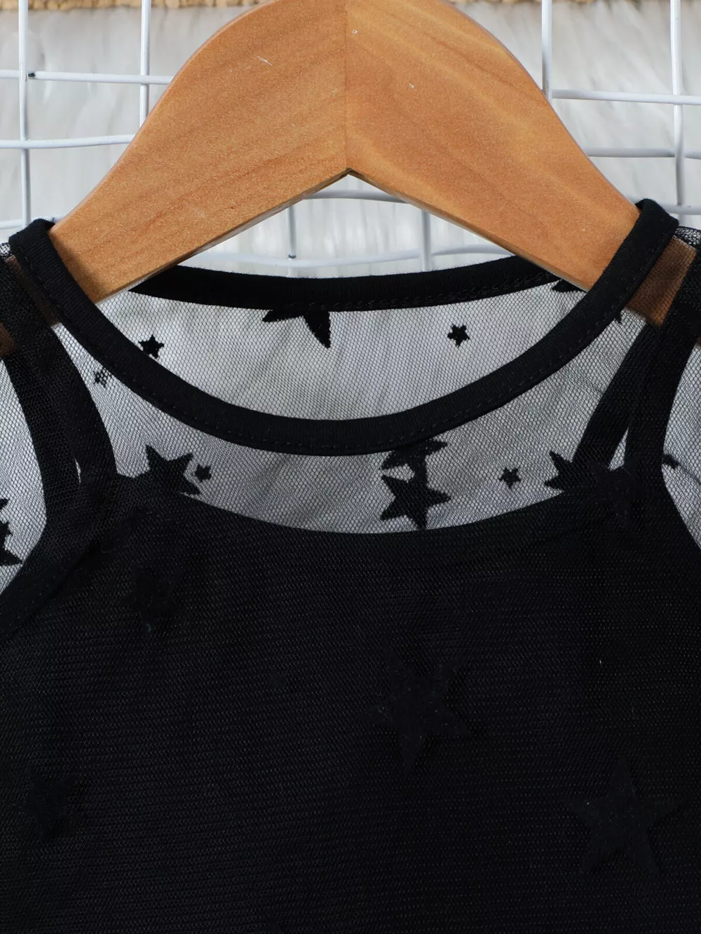 Children's Cami & Star Print Mesh Top & Ruffle Denim Skirt Set, image 6