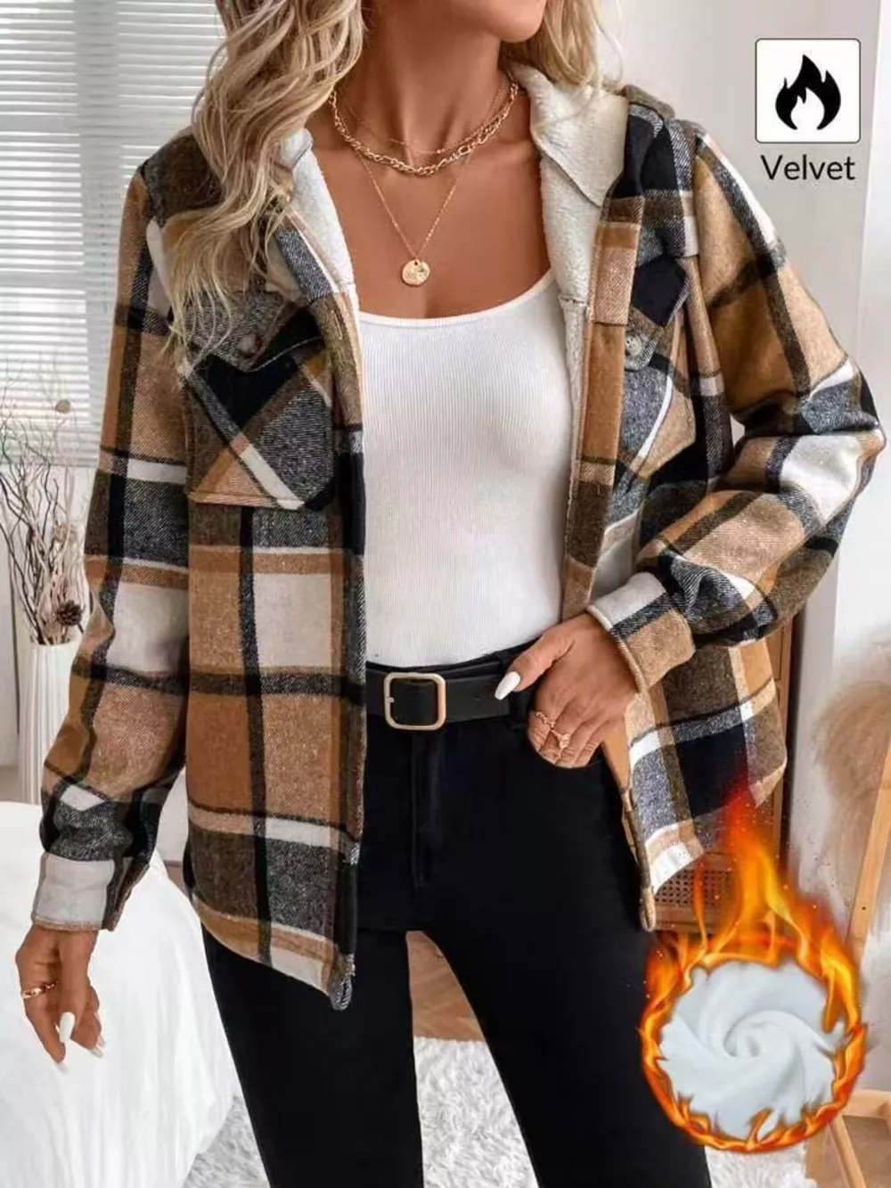 Hooded Plaid Button Up Jacket, image 5