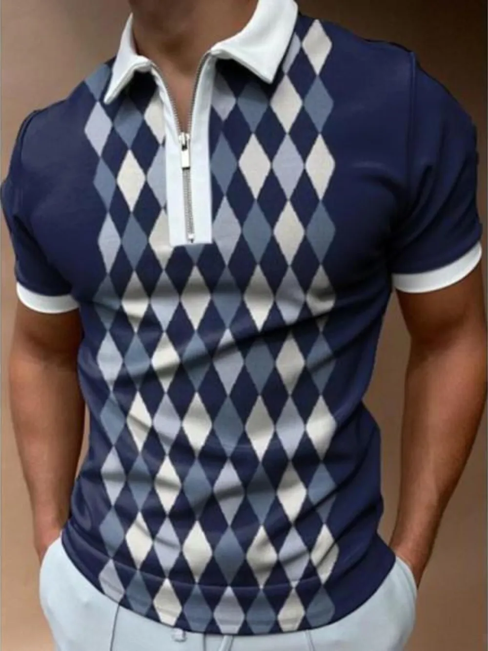 Men's Full Size Classic Argyle Zip Polo Plus Size