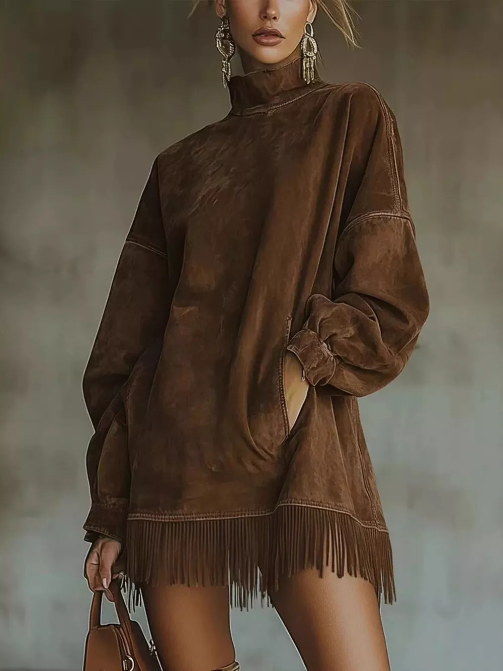 Full Size Mock Neck Fringed Hem Long Sleeve Mini Dress Plus Size, image 4