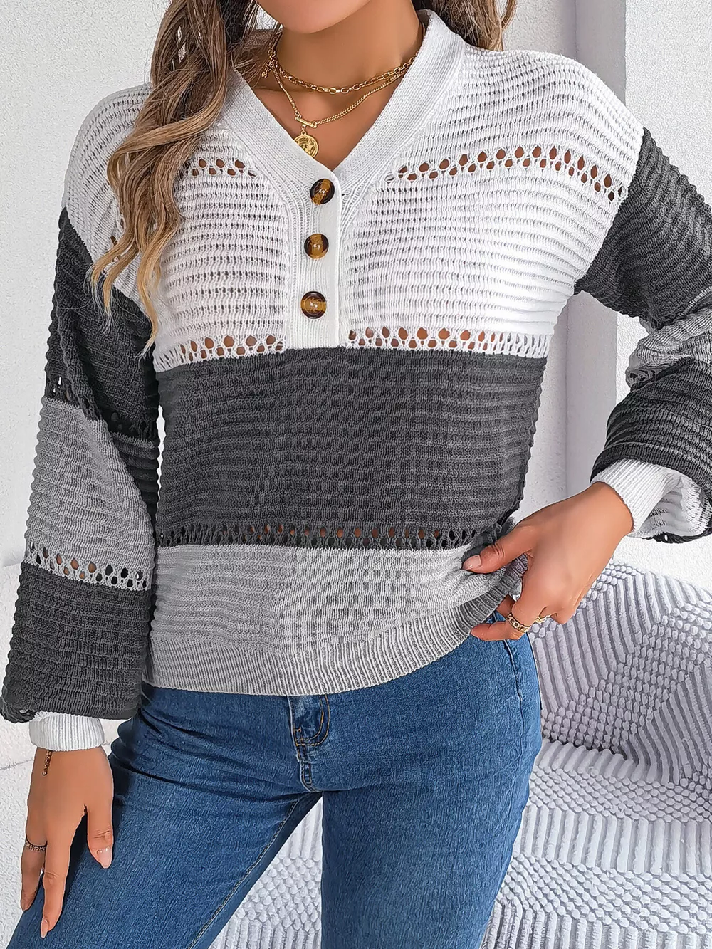 Color Block Striped V-Neck Button Detail Sweater, image 12