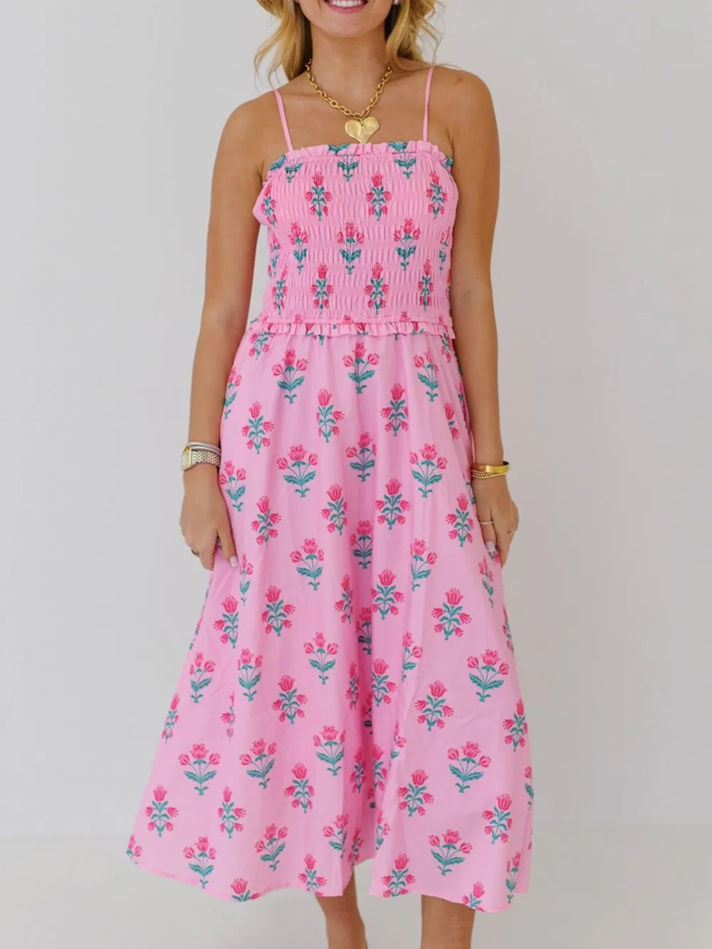 Floral Smocked Adjustable Strap Midi Cami Dress, image 7