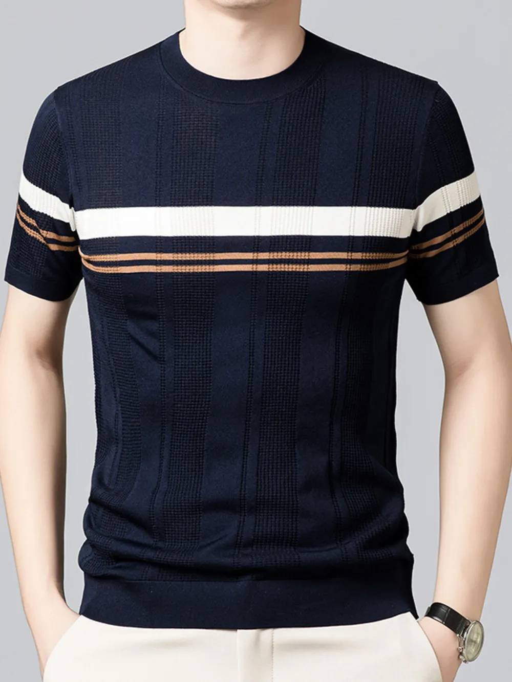 Men's Plus Size Striped Round Neck Short Sleeve T-Shirt, image 7
