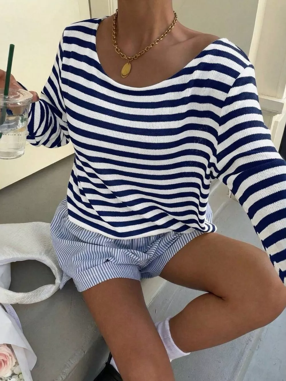 Boat Neck Striped Long Sleeve T-Shirt, image 9