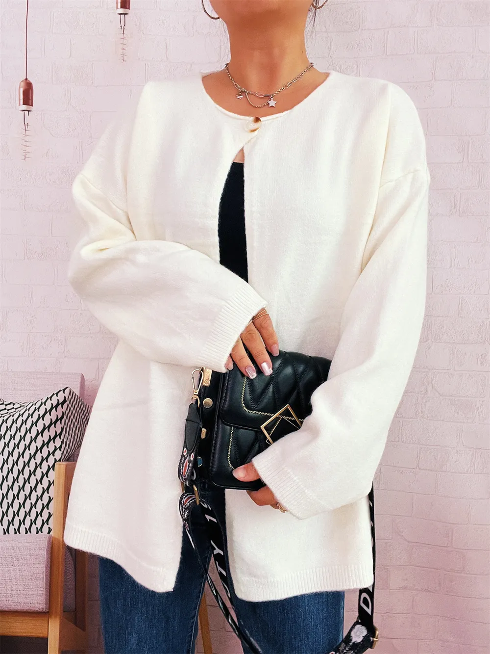 One Button Front Drop Shoulder Cardigan, image 17