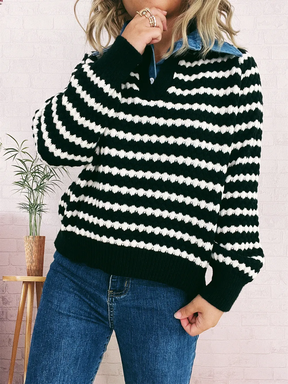 Contrast Striped Sweater with Denim Collar, image 3