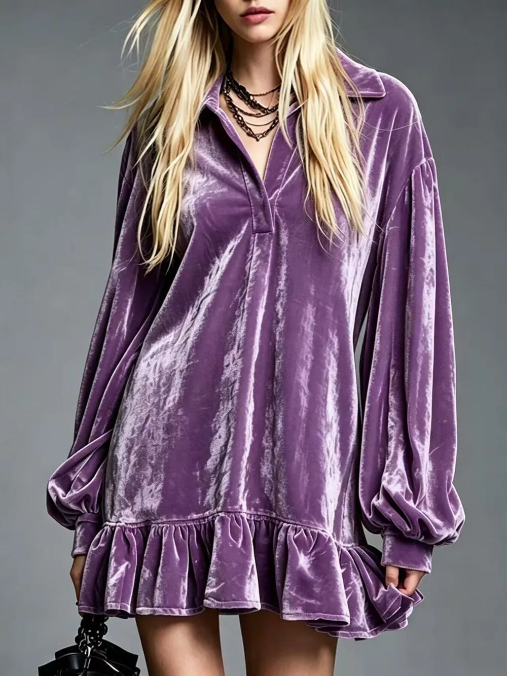 Full Size Velvet Long-Sleeve Ruffle Hem Mini Dress Plus Size, image 2