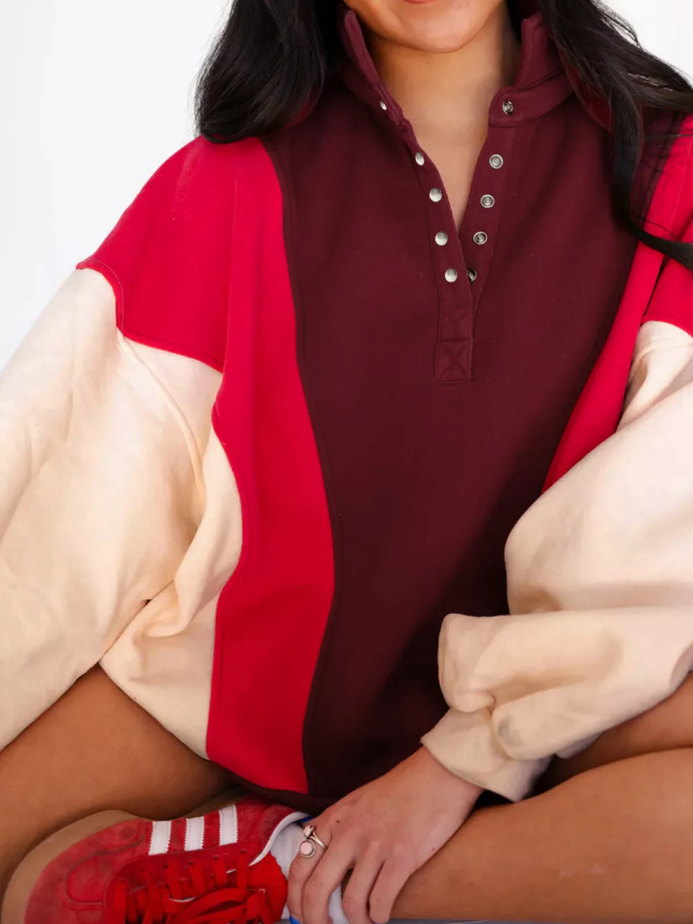 Color Block Patchwork Snap Button Oversize Hoodie, image 10