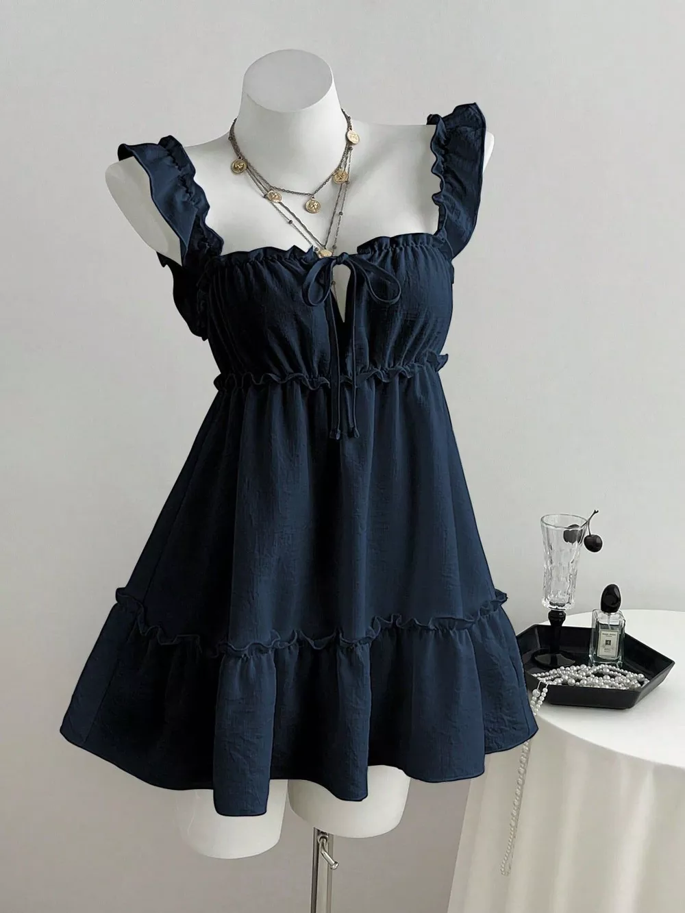 Ruffled Square Neck Tie-Front Mini Dress