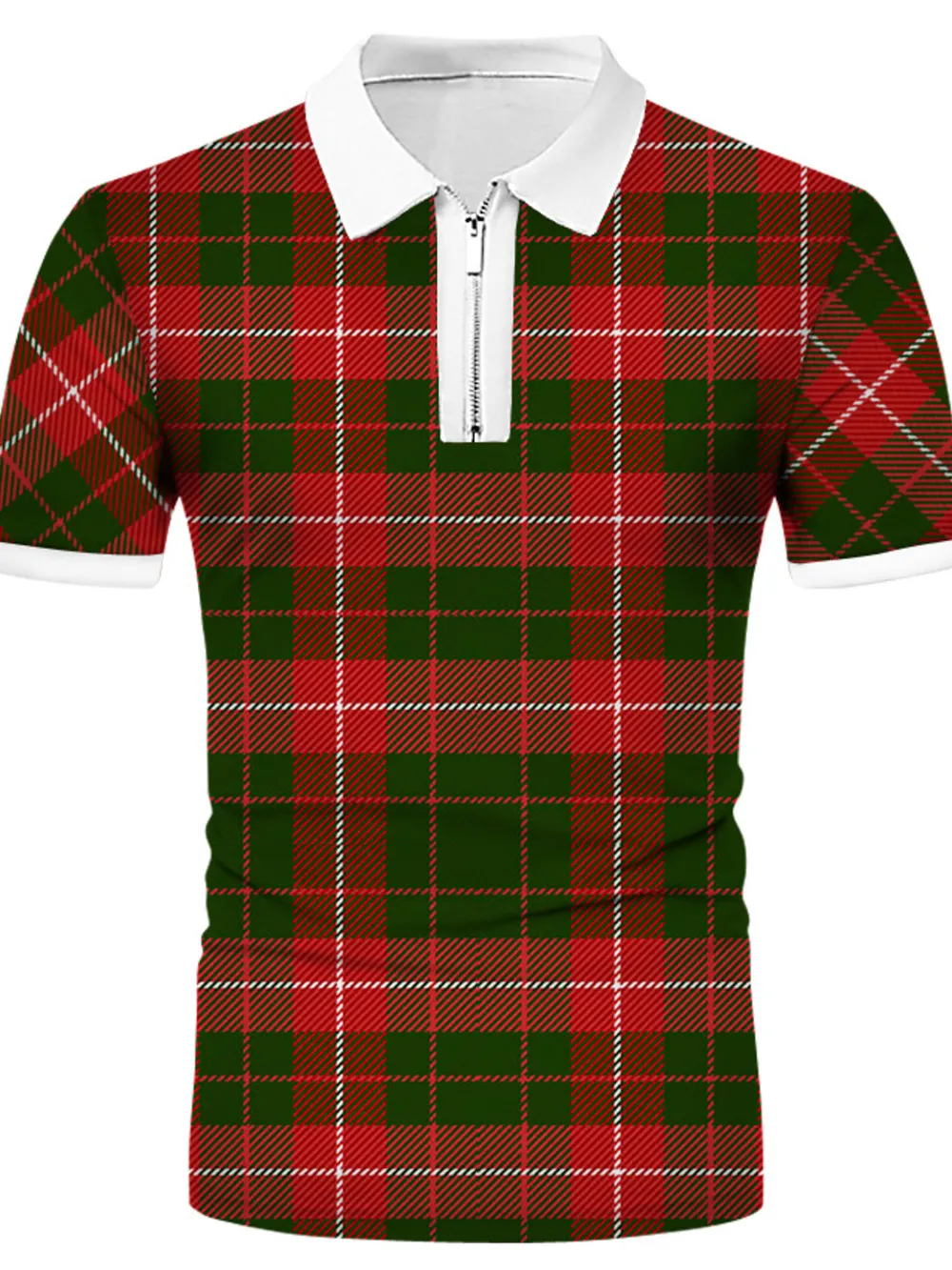Men's Full Size Plaid Quarter Zip Short Sleeve Polo Plus Size