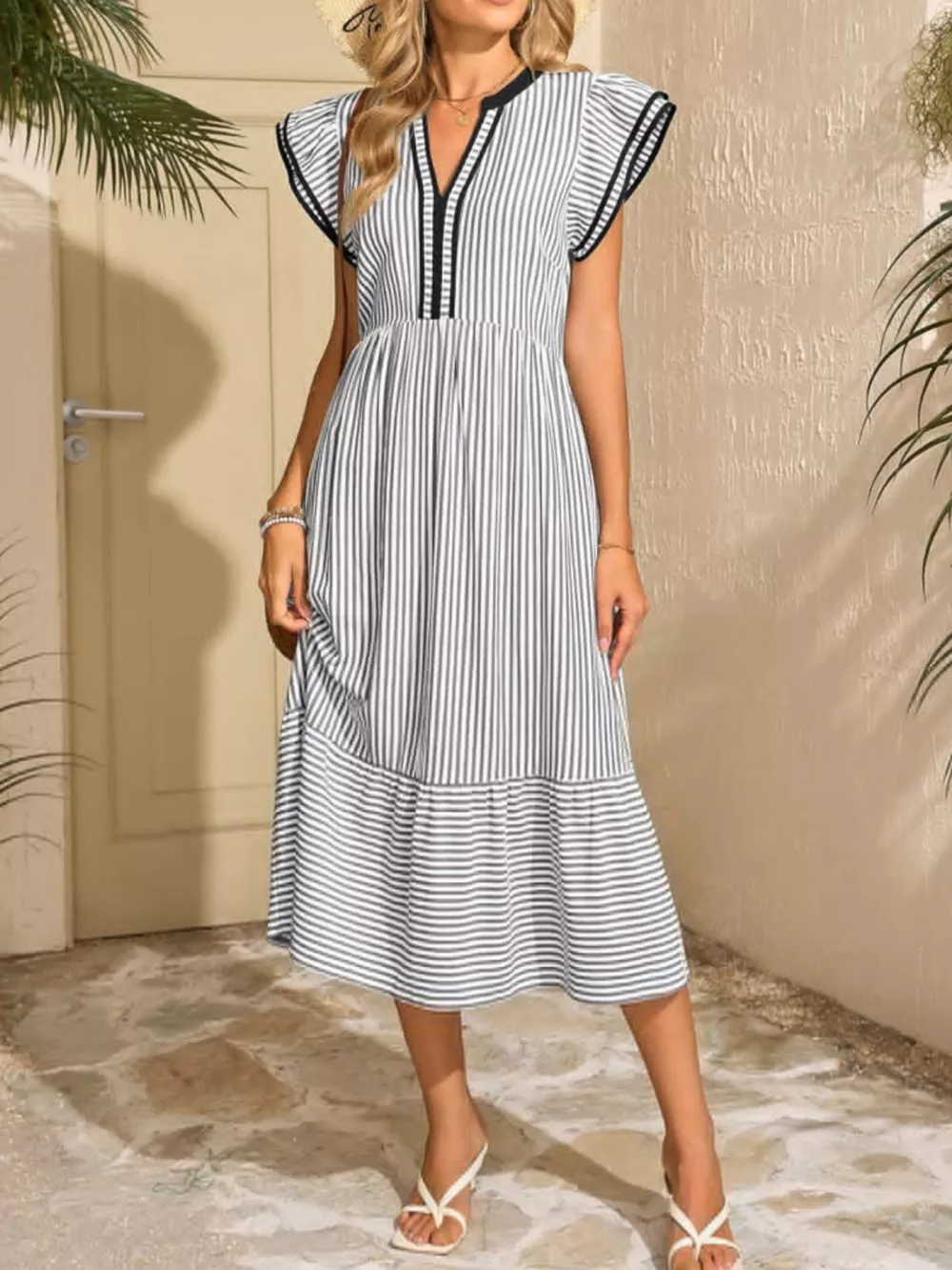 Striped Ruffle Sleeve Midi Dress, image 8
