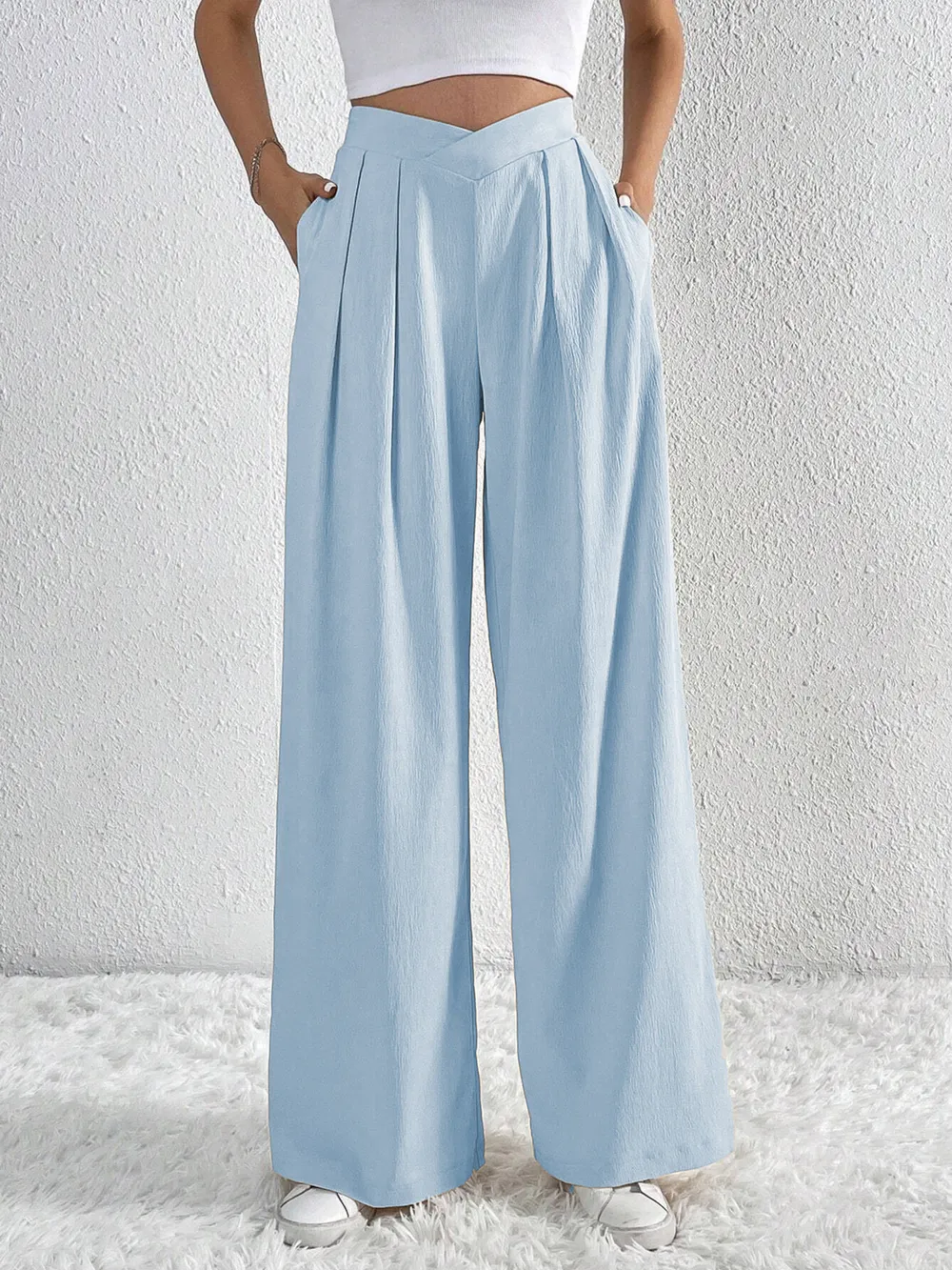 V-Waisted Ruched Front Wide Leg Pants, image 19