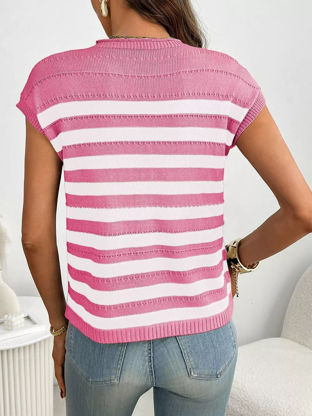 Striped Knit Pocket Detail Cap Sleeve Sweater, image 20